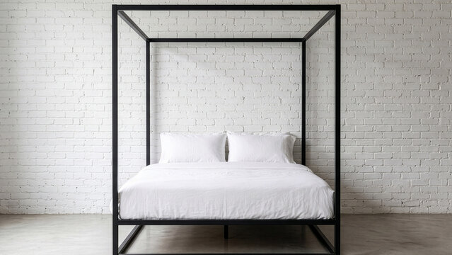 Modern industrial bedroom with black metal canopy bed and white brick wall