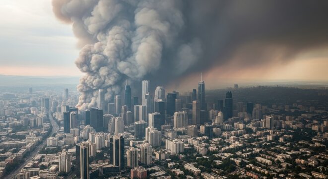 Dense wildfire smoke engulfs a sprawling urban metropolis, casting a dark shadow over the city skyline.