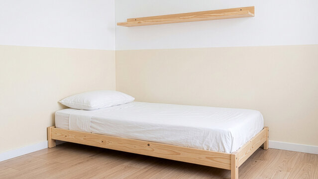 Minimalist single wooden bed with white sheets in room with two-tone beige walls