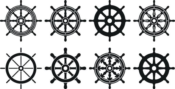 Nautical ship steering wheel icon set with black silhouette marine helm vector symbols on white