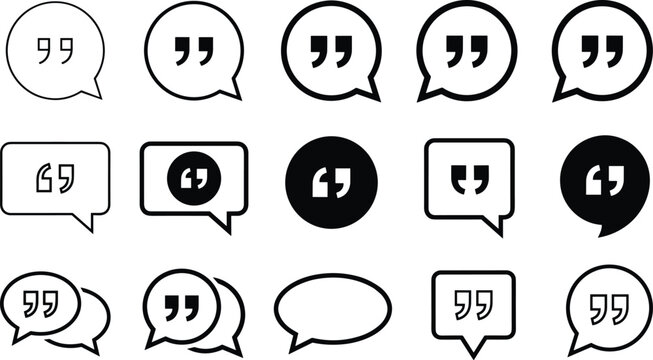 Quotation marks in speech bubble icon set with geometric testimonial chat frames vector line symbols