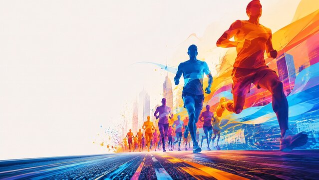 Abstract colorful human silhouettes running marathon with dynamic motion trails and futuristic energy shapes in commercial composition