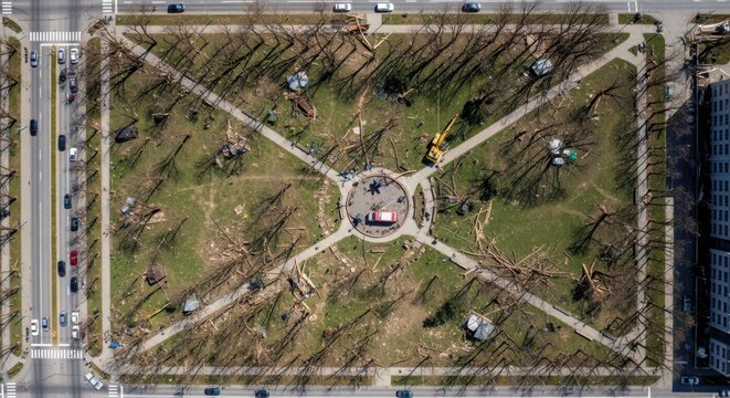 Devastated Public Park After Tornado Damage Shows Widespread Destruction and Ongoing Recovery Efforts