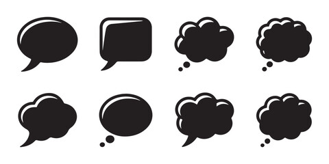 Fototapeta premium Stylized speech bubbles set with black silhouette and outline graphic for modern digital communication interface.