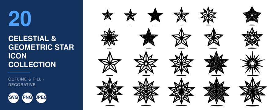 Celestial Geometric Star Icon Collection, Outline and Fill Decorative Elements Featuring Design, Element