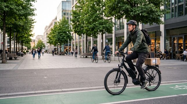 Sustainable bicycle courier delivering packages in modern urban neighborhood