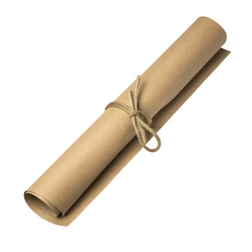 A single scroll of brown craft paper tied with a simple rustic jute twine knot, isolated on a white background, vintage document style isolated on a transparent background