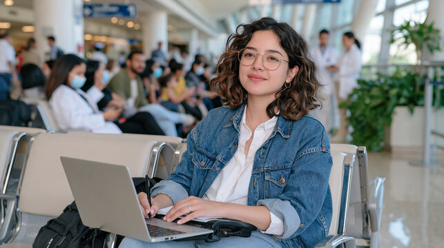 A court reporter seated among crowded hospital corridor benches transcribes spoken testimony on a stenotype machine while medical staff and waiting patients fill the background the scene blending le
