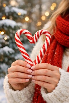 Hands holding two red and white candy canes shaped as a heart outdoors in snow for winter christmas greeting card background
