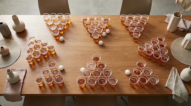 Top view of many colorful plastic cups arranged in triangles for a fun beer pong party game on a table. bierpong