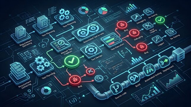 Isometric software testing and quality assurance lifecycle flowchart