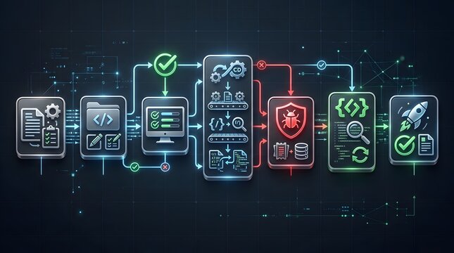 Software development workflow showing ci cd pipeline with tech icons