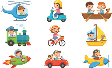 Fototapeta premium Cute kids driving various transport vehicles vector illustration set featuring helicopter scooter boat train bicycle sailboat rocket car and airplane isolated on white background