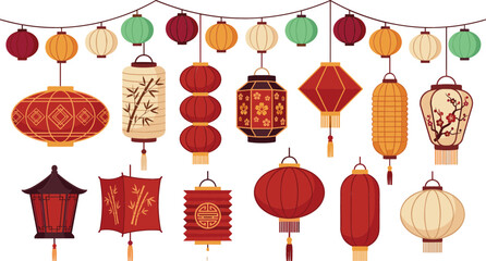 Traditional Chinese paper lanterns vector set featuring festive red gold and green hanging decorations for mid autumn festival or lunar new year isolated on white background © Rumi