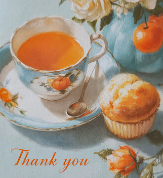 Watercolor painting depicting a tea cup with saucer, fresh muffin, and blooming roses, expressing gratitude with thank you text