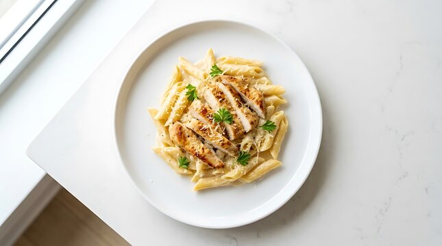 A plate of delicious creamy penne pasta with fresh herbs served for a healthy lunch or dinner meal. chicken alfredo penne