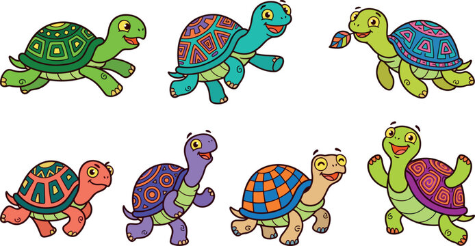 Cute Tortoise and Sea Turtle Vector Illustration Set Featuring Colorful Cartoon Turtles with Geometric Pattern Shells for Kids Marine and Wildlife Graphic Designs