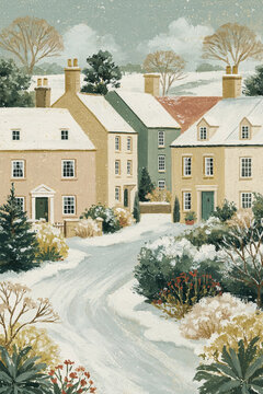 Charming village street featuring traditional English cottages with snow covered roofs and gardens, evoking a festive winter scene
