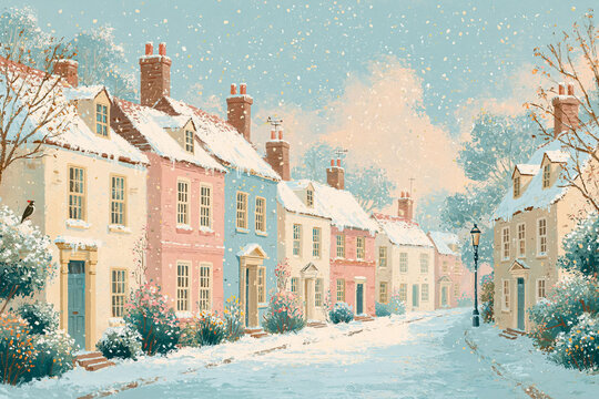 Picturesque village street featuring pastel colored homes under a gentle winter snowfall, evoking a cozy holiday season feel
