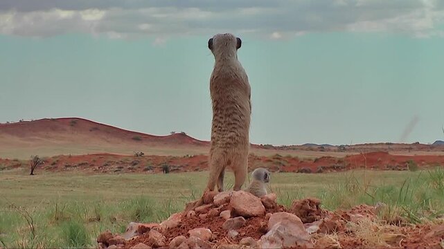 group of free living meerkats or  suricates, Suricata suricatta, with babies assemble on lookout, nervous looking around 11.1