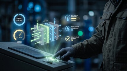 Fototapeta premium Industrial engineer monitoring hydrogen fuel cell production process with augmented reality interface in a hightech facility