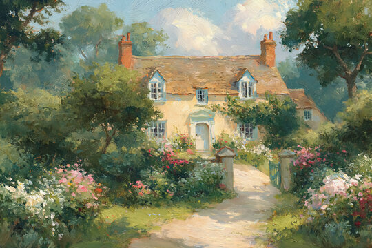 Charming english cottage with a vibrant flower garden and winding path, depicting a serene and picturesque rural scene in fine art style