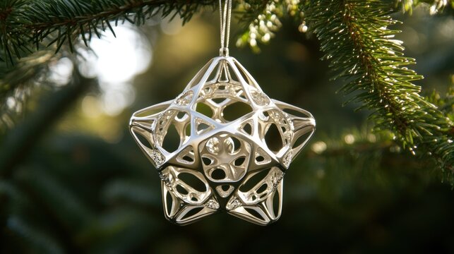 Elegant Silver Star Christmas Ornament Hanging on a Pine Tree Branch