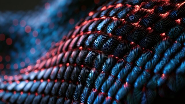 Abstract Textile Pattern: A close-up, abstract view of a dark, woven textile with glowing red and blue particles, suggesting a futuristic or technological texture.