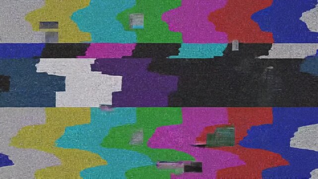 Glitchy television screen with distorted colors with transmission interference distortion technology failure static signal noise error video bar