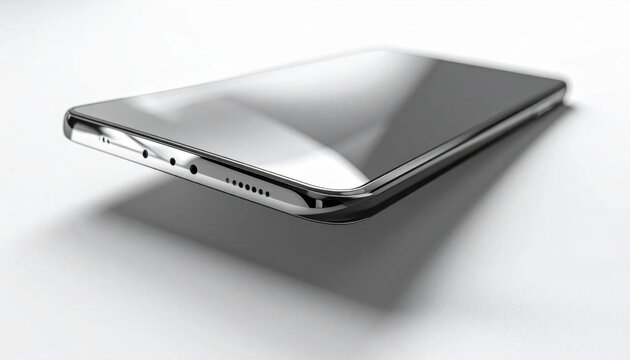Sleek silver smartphone with glossy screen and metallic edge showcasing speaker ports on a clean white background