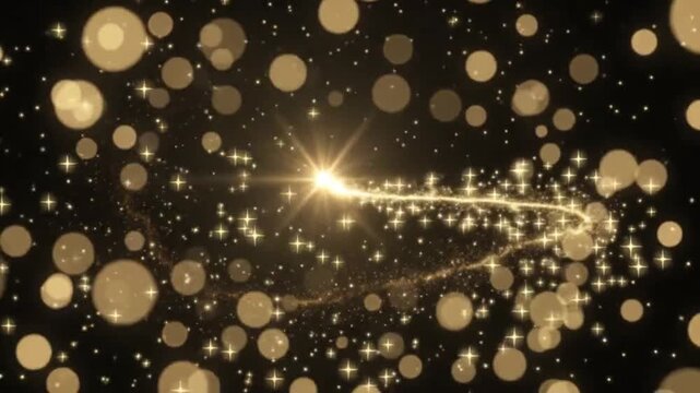 Golden star trail flying around in space with background animation particle glitter sparkle glowing motion effect light video