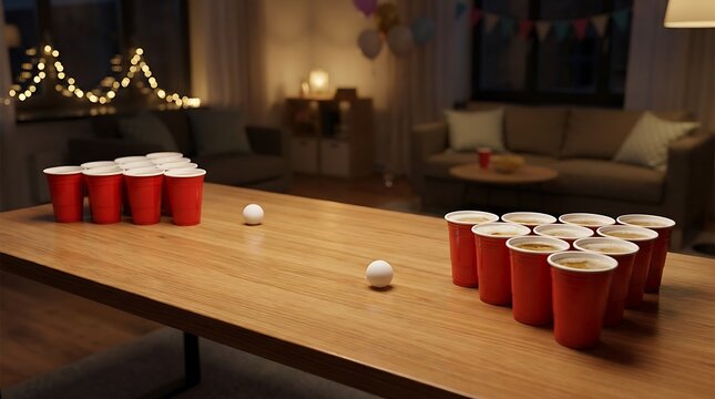 Red plastic cups set up for a beer pong game on a wooden table in a cozy home living room at night. bierpong