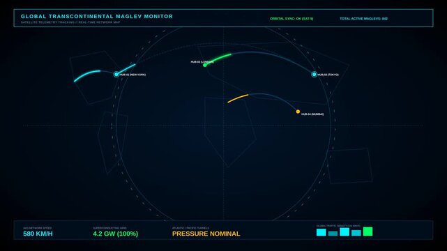 Global Futuristic Transportation Network Monitor Interface Tracking High Speed Maglev Train Lines