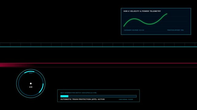 Futuristic Train Velocity and Power Telemetry Interface Dashboard Digital Display HUD Animation
