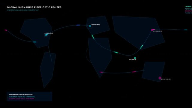 Global Submarine Fiber Optic Network Map with Data Connection Links in Digital Infographic Style