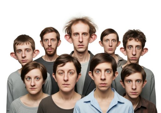 Unusual group portrait featuring individuals with exaggerated features and distinctive ears
