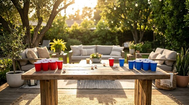 Beer pong game set up on a wooden table in a sunny backyard patio area with outdoor lounge furniture. bierpong