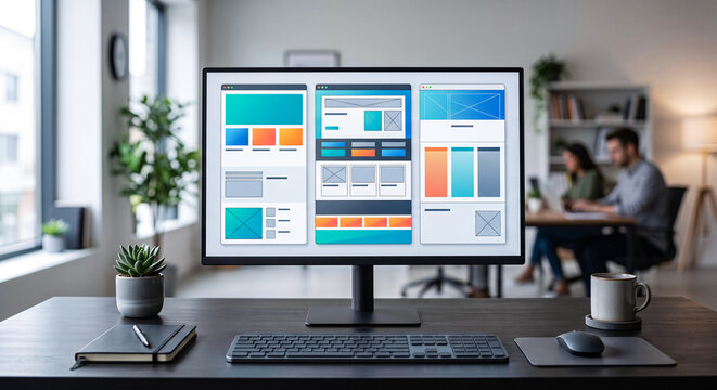 Computer monitor displaying website wireframe templates and user interface layouts in modern office workspace.