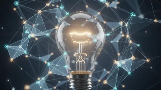 Light bulb turning on with network connections with electricity inspiration illuminate innovation technology creativity glowing digital energy nodes links video with idea