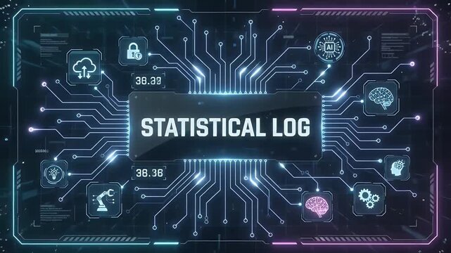 Statistical log digital interface with futuristic circuit board background