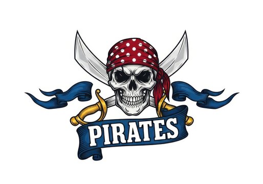Fierce pirate skull emblem with crossed swords and 'pirates' banner
