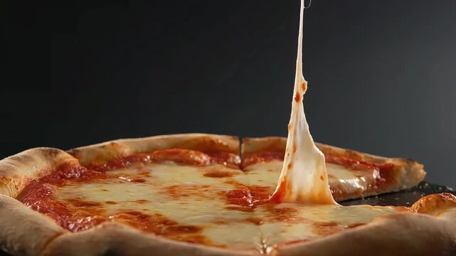 Mouth-watering hot Italian pizza with a gooey cheese pull from a freshly baked slice, perfect for dinner or party food.