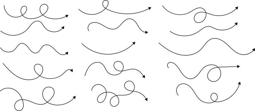 curved spiral line arrow set. Squiggly wavy doodle arrows. loop path graphic elements for decoration