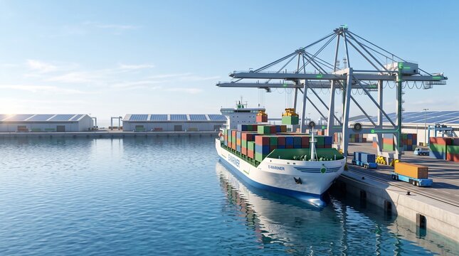 Cargo container ship at modern port terminal