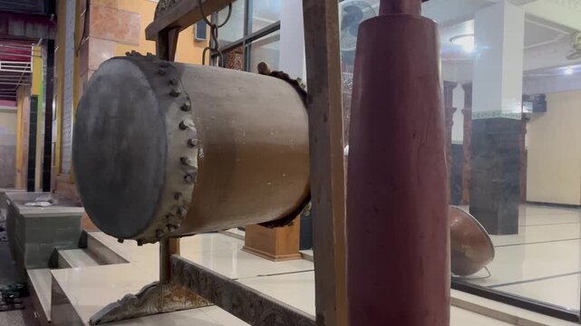 Traditional Islamic wooden drum or bedug inside a mosque