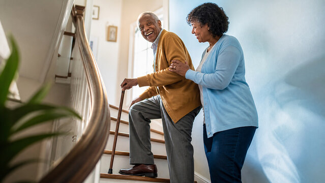 Senior man with cane walking upstairs with woman helping him at home. Concept of family support, care, and elderly assistance. Warm lighting creates a happy, kind, and positive mood.