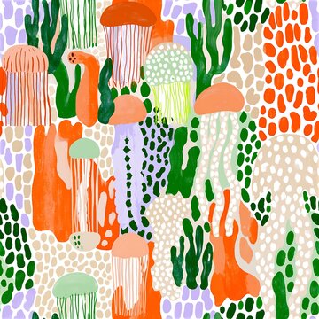 Funky maximalist mushroom and abstract organic seamless pattern