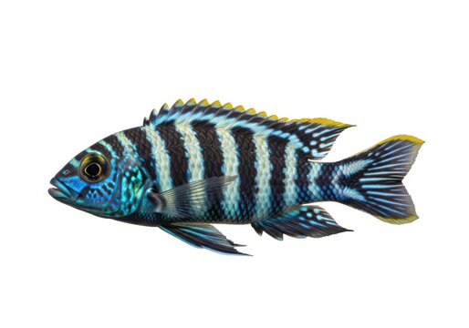 Captivating zebra cichlid fish showcasing vibrant blue and black stripes isolated on white background