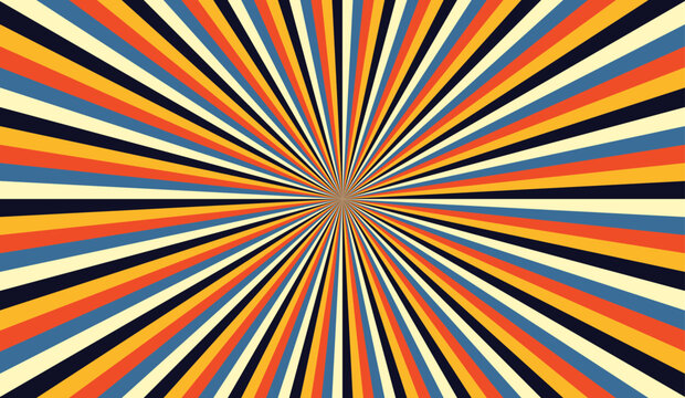 Retro geometric background with colorful radial stripes and a bold sunburst pattern. Vector illustration.