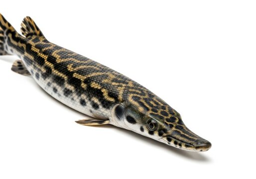 Detailed close-up of a gar fish with camouflaged skin texture isolated on white background